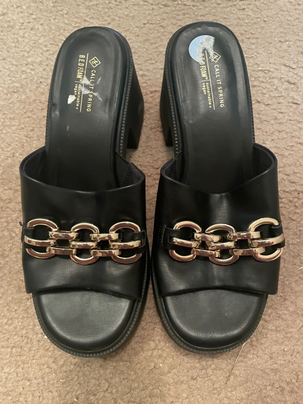 Call It Spring Black Slide Mules with Gold Chain Detail